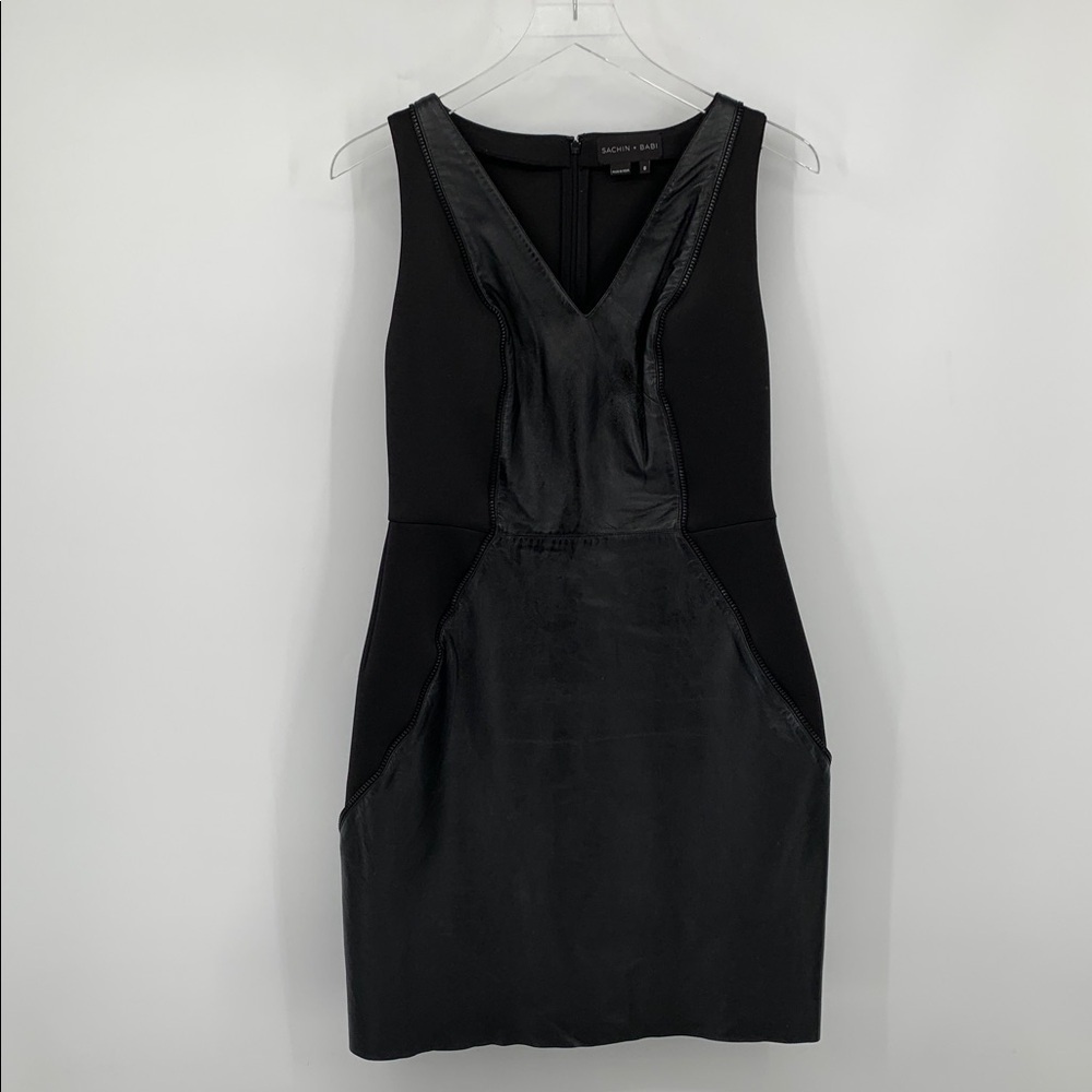Sachin + Babi leather scuba body-con sheath dress shift black mini colorblock 8